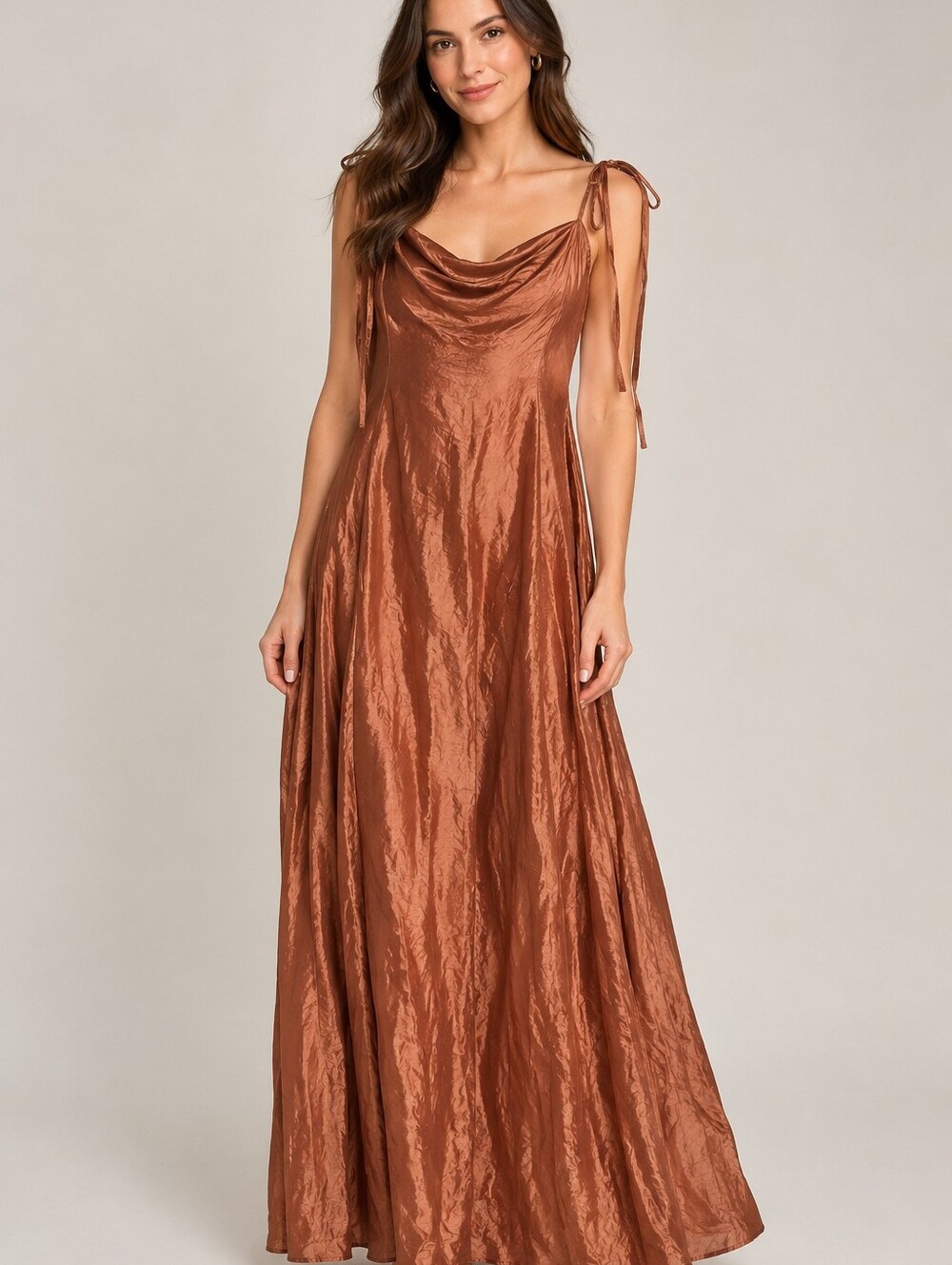 Rose Velvet Satin-Look Maxi Dress in Pink & Brown